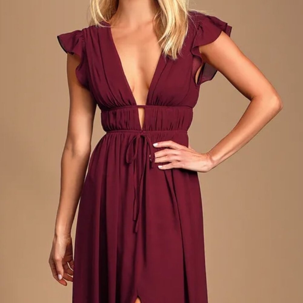 I'm All Yours Burgundy Ruffled Maxi Dress